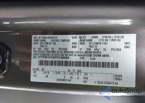 2023 Ford F-150 Tremor из США, поврежденный, VIN 1FTFW1E5XPFC68094